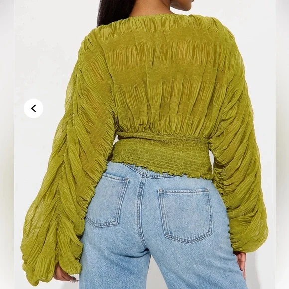 Chartreuse Green Chiffon Long Sleeve Bell Sleeve Top | Brand New | Small - Picture 8 of 9